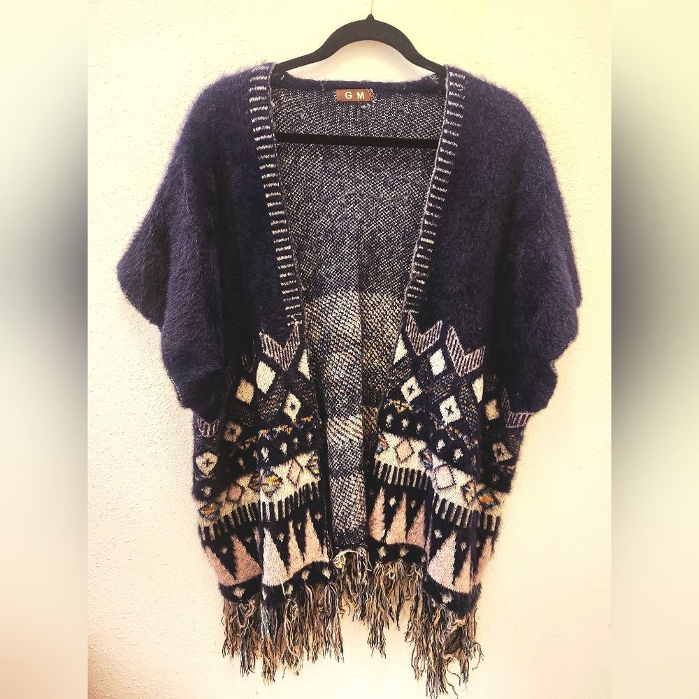 Blue and Cream Knit Boho Cardigan with Geometric Pattern